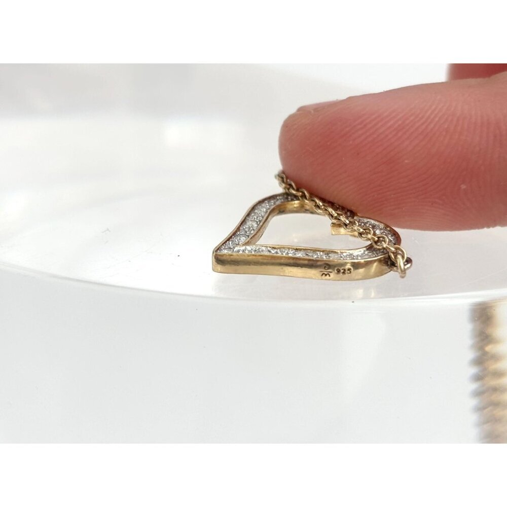 Heart Shaped Rhinestone Sterling Silver Gold T Vintage Pendant Necklace - 17" - Picture 11 of 11